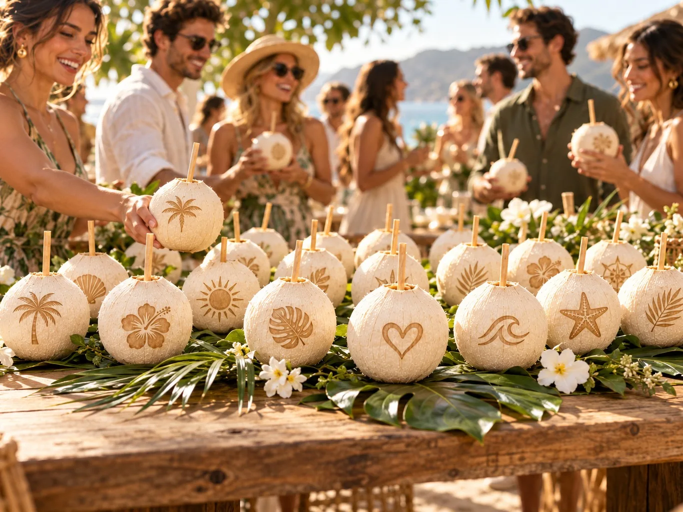 A table of coconuts, each laser-engraved with a different tropical design, at a community event