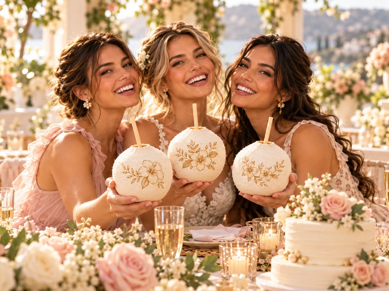 Three friends laughing at a bridal shower, holding coconuts laser-engraved with floral designs