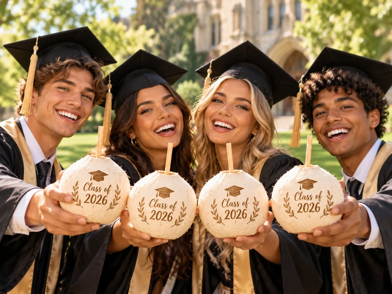 Four graduates in caps and gowns raising coconuts laser-engraved Class of 2026