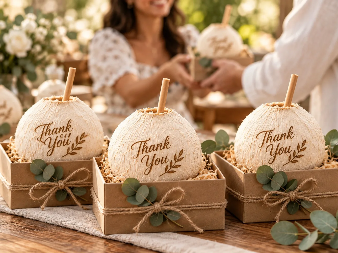 Coconuts laser-engraved Thank You, presented as gifts in kraft boxes with twine and eucalyptus