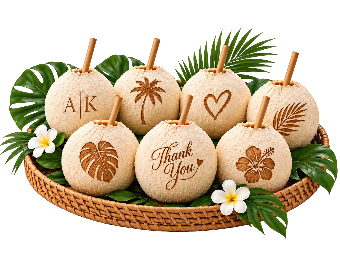 A round wicker tray of laser-engraved coconuts with tropical leaves and frangipani flowers