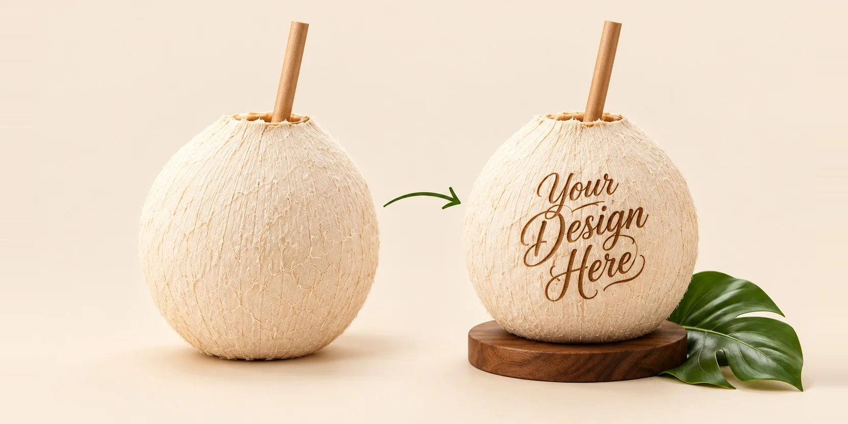 A plain coconut next to the same coconut laser-engraved with your own design