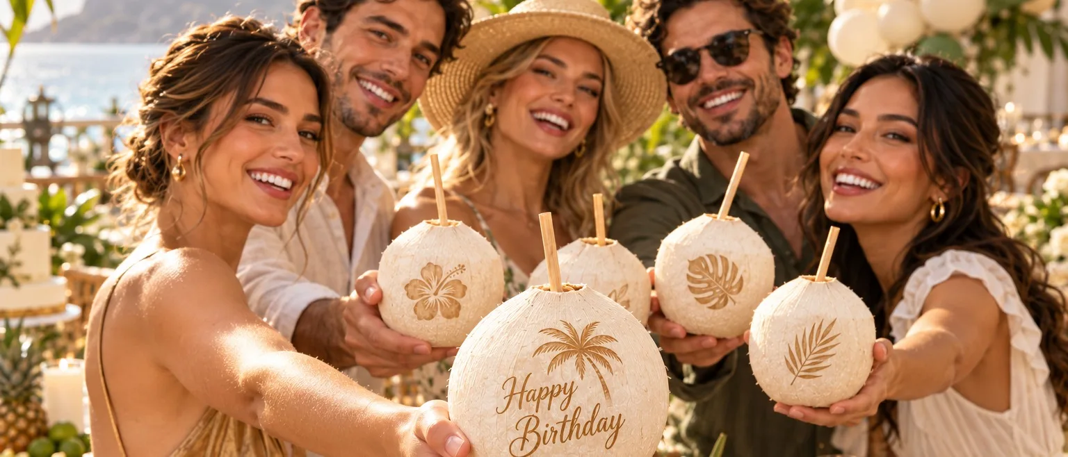 Friends celebrating a birthday with coconuts laser-engraved Happy Birthday