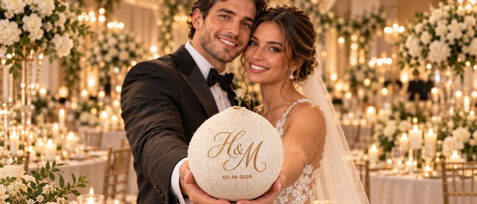 Newlyweds holding a coconut laser-engraved with their monogram and wedding date